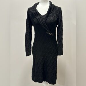 Calvin Klein Black Shawl Knit Sweater Dress 3/4 Sleeve With Buckle Size Small
